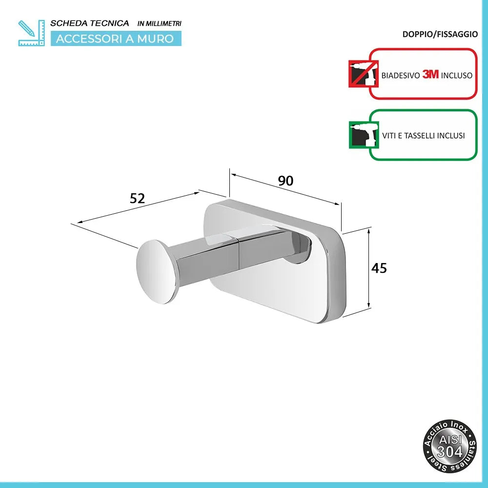Appendino portasciugamani in acciaio inox con doppio fissaggio