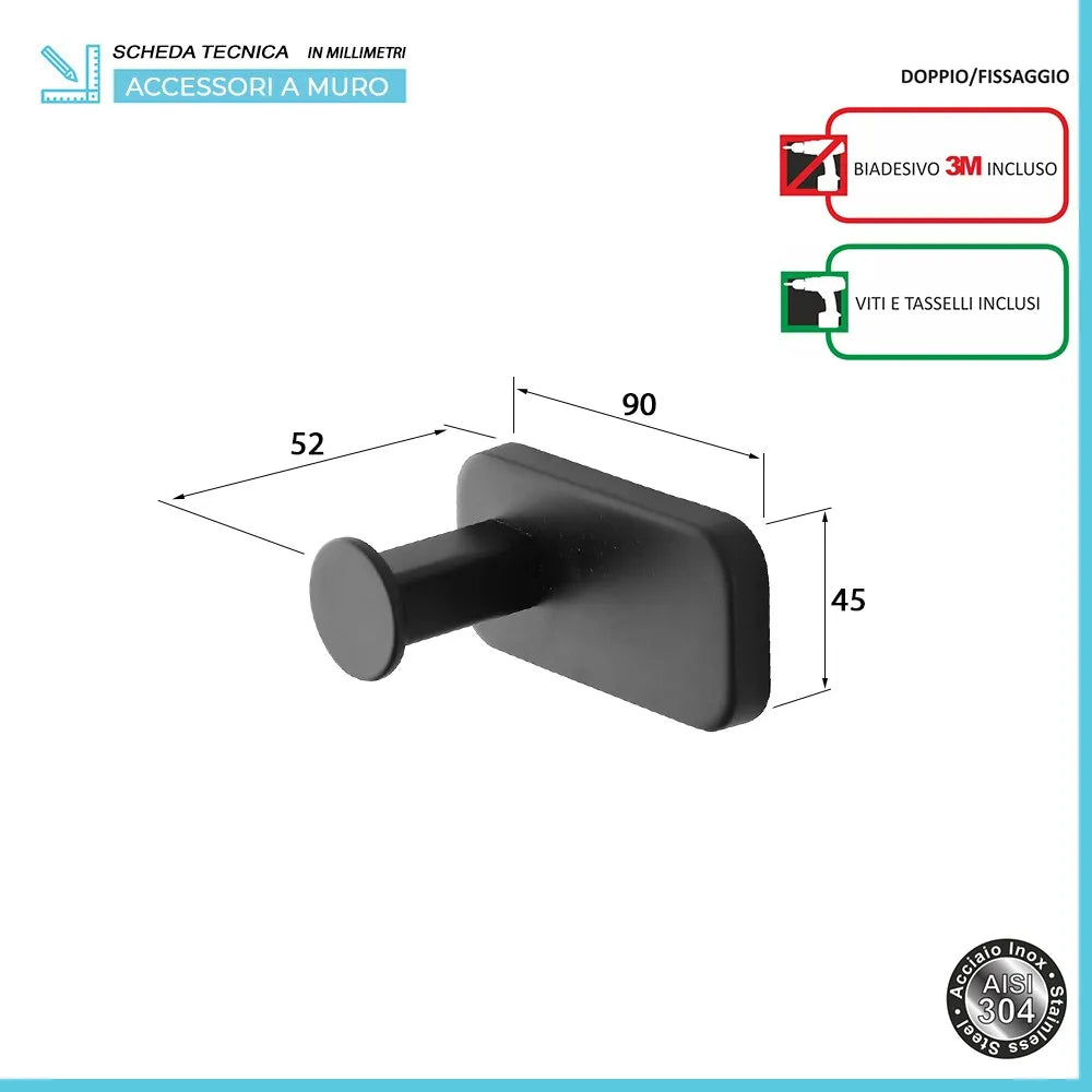 Appendino portasciugamani in acciaio inox nero con doppio fissaggio