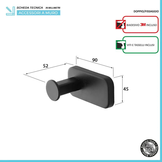 Appendino portasciugamani in acciaio inox nero con doppio fissaggio