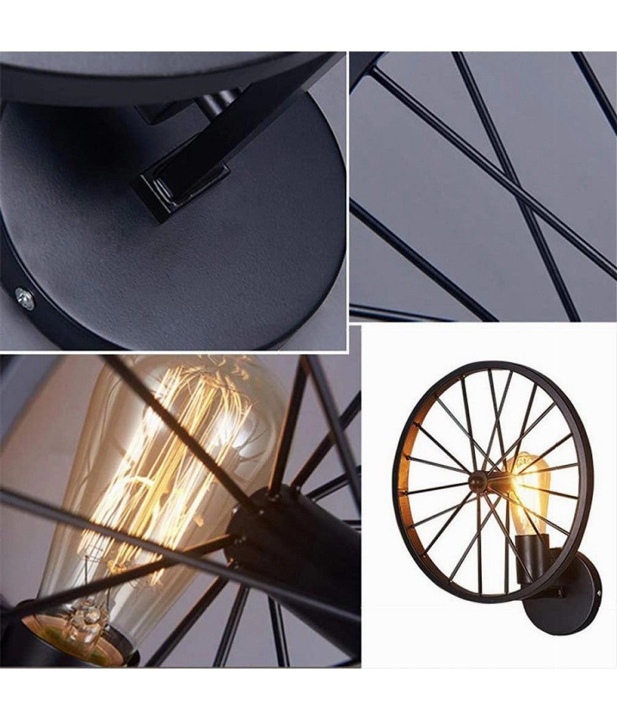 Applique A Parete Stile Vintage Lampada Forma Di Ruota Bicicletta Nero E27 Aq62         
