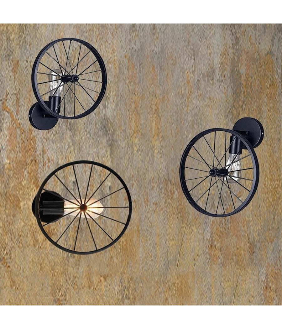 Applique A Parete Stile Vintage Lampada Forma Di Ruota Bicicletta Nero E27 Aq62         