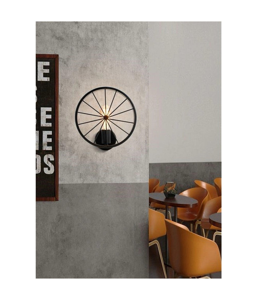 Applique A Parete Stile Vintage Lampada Forma Di Ruota Bicicletta Nero E27 Aq62         