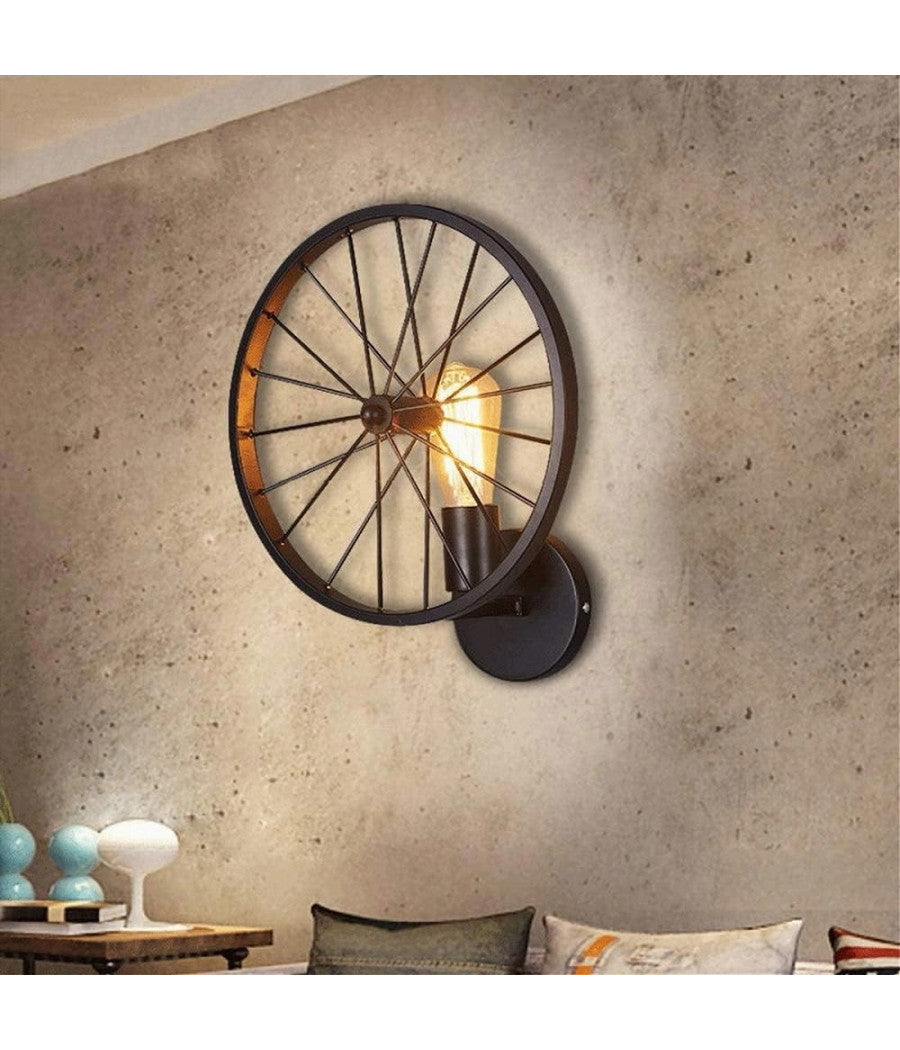 Applique A Parete Stile Vintage Lampada Forma Di Ruota Bicicletta Nero E27 Aq62         
