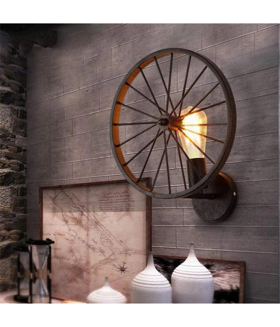 Applique A Parete Stile Vintage Lampada Forma Di Ruota Bicicletta Nero E27 Aq62         