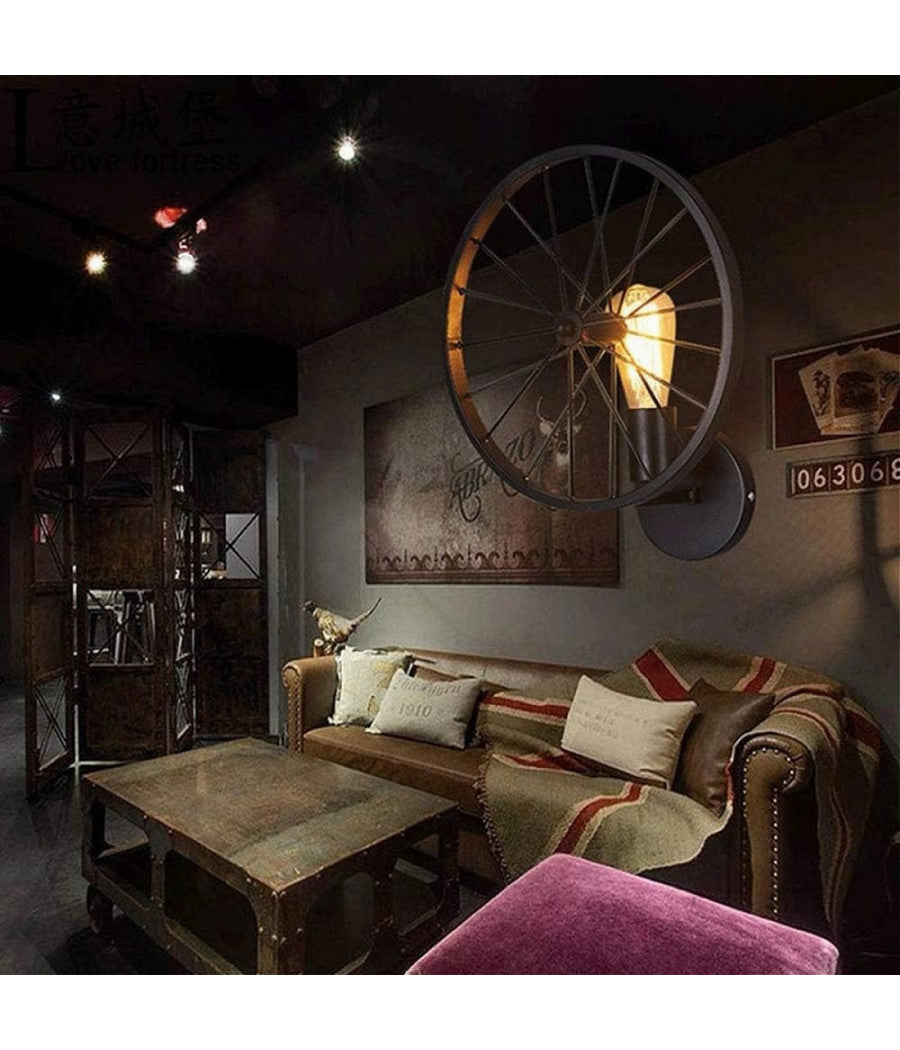 Applique A Parete Stile Vintage Lampada Forma Di Ruota Bicicletta Nero E27 Aq62         