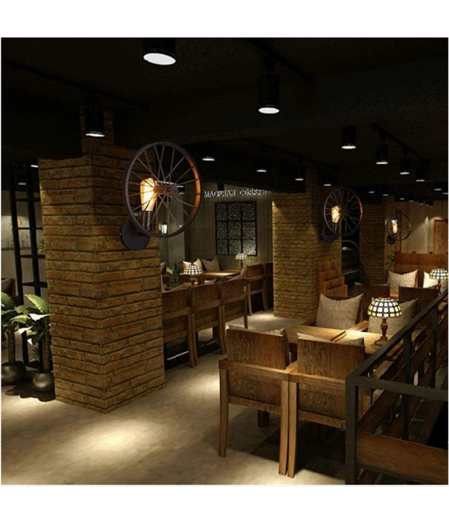 Applique A Parete Stile Vintage Lampada Forma Di Ruota Bicicletta Nero E27 Aq62         