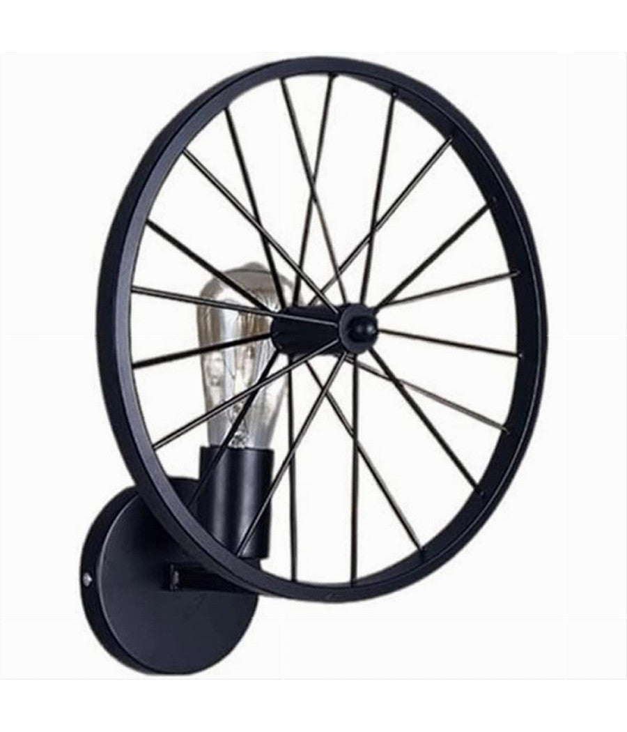 Applique A Parete Stile Vintage Lampada Forma Di Ruota Bicicletta Nero E27 Aq62         