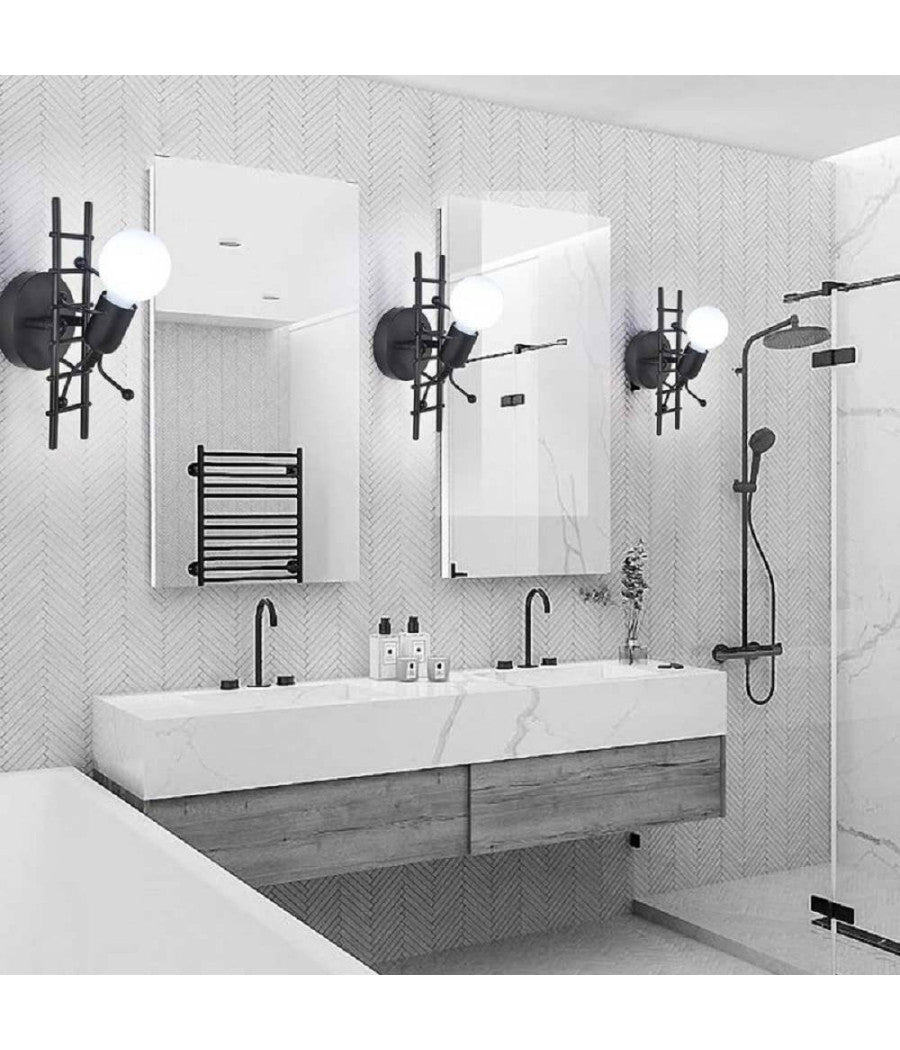 Applique Da Parete Decorativo Forma Omino Sulla Scala In Metallo Attacco E27 Aq49  Nero       