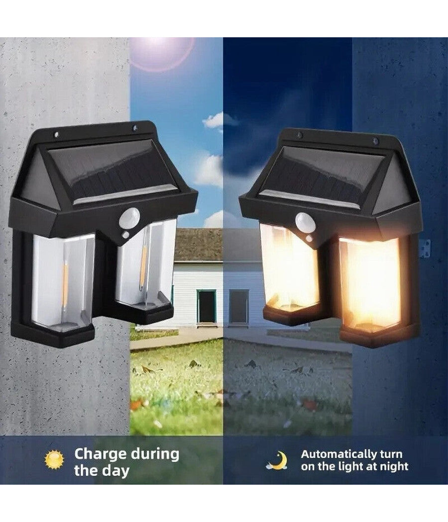 Applique Doppia Lanterna Solare Led Tungsteno Sensore Movimento Ip65 Da Esterno         