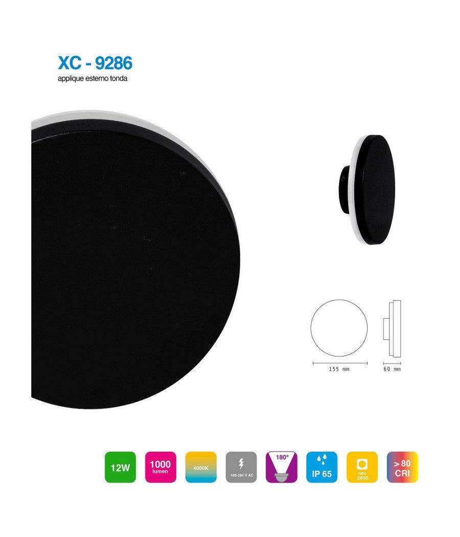 Trade Shop - Applique Esterno 12w Nera Tonda Slim Ip65 Alluminio Luce Naturale 4000k Xc-9286 -