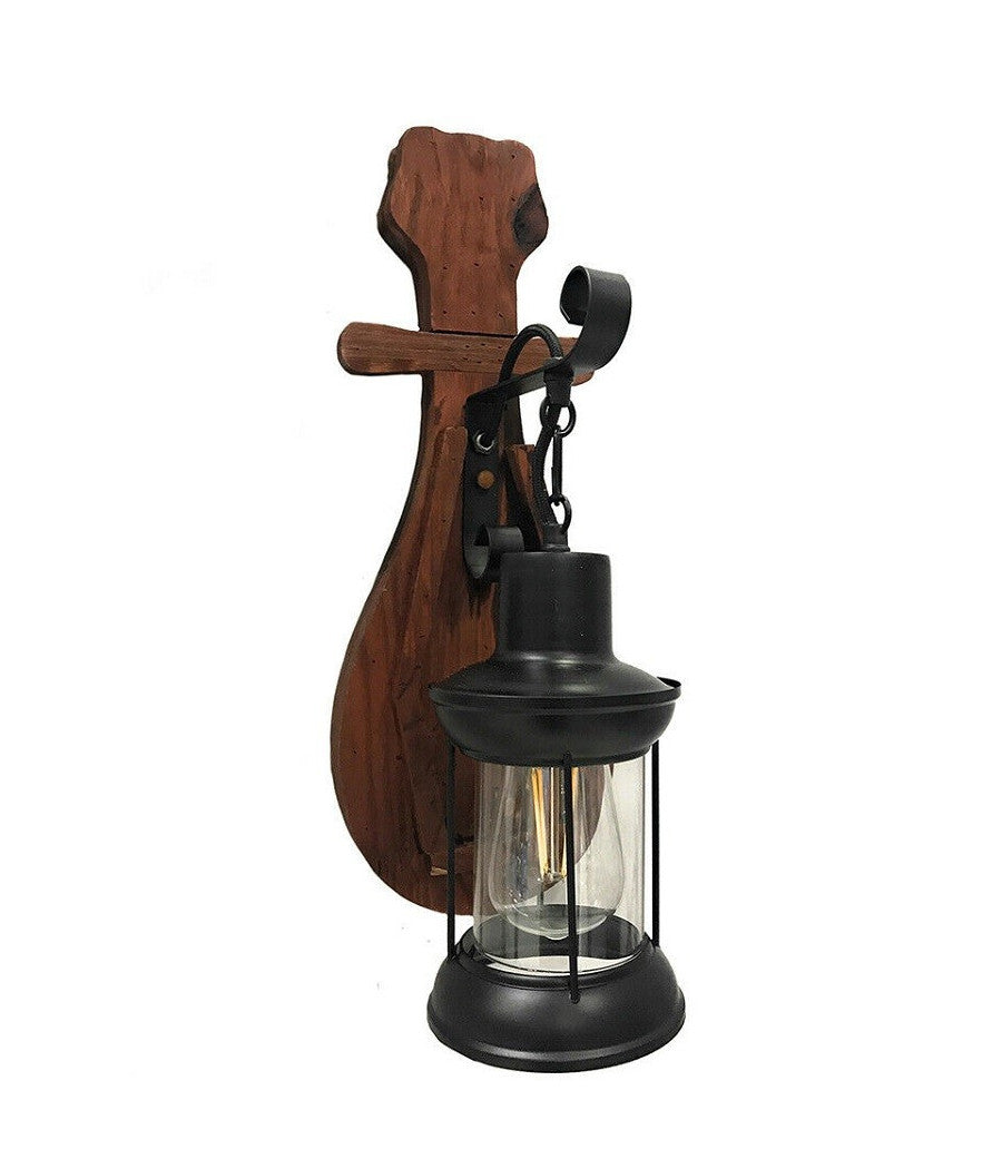 Applique Lanterna A Parete In Legno Stile Vintage E27 Lampada Industriale E30         