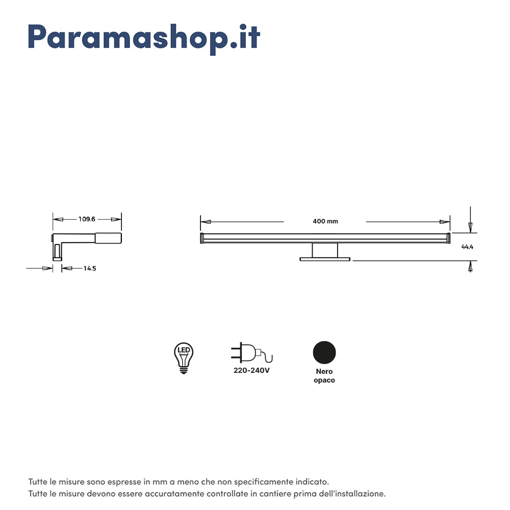 Applique led universale 40 cm per specchi in alluminio nero opaco