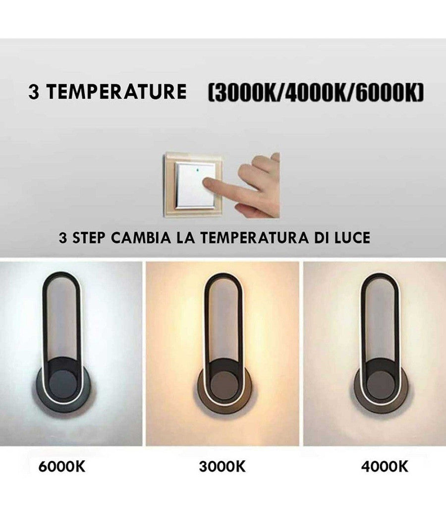 Applique Led Girevole 9w 3 Step Luce 3000k 4000k 6000k Lampada Elegante Muro 230v         