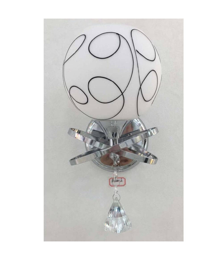 Applique Moderno Paralume Vetro Sfera Bianca Nera Pendente Cristallo Argento E10         