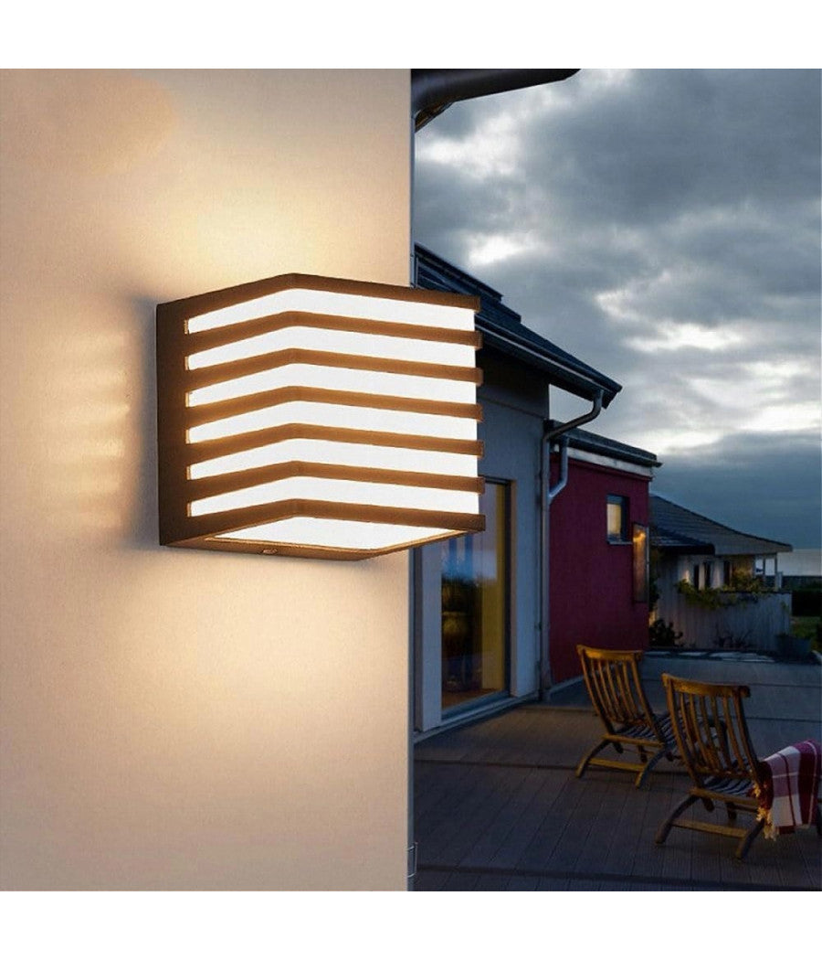 Applique Muro Esterno Led 10w Lampada Decorativa A Strisce Cubo Nero Ip54 B110-n  -bianco Caldo      -