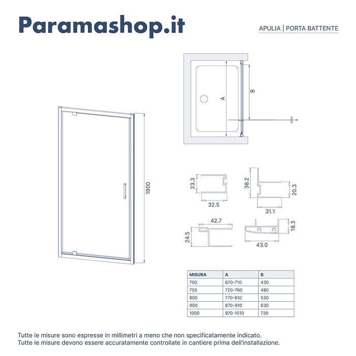 Porta doccia 80 cm apertura a battente vetro opaco | Apulia