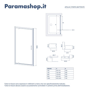 Porta doccia 70 cm apertura a battente vetro opaco | Apulia