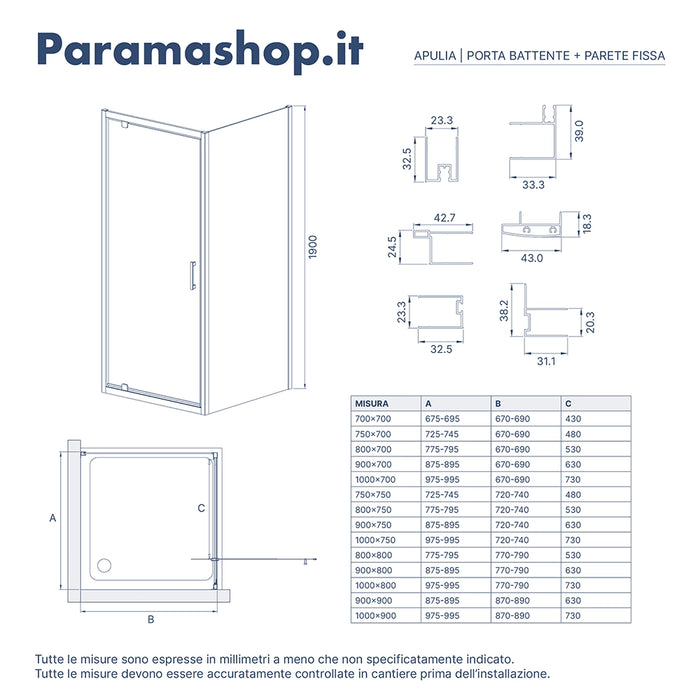 Box doccia 75x90 cm angolare apertura a battente vetro 6mm opaco | Apulia