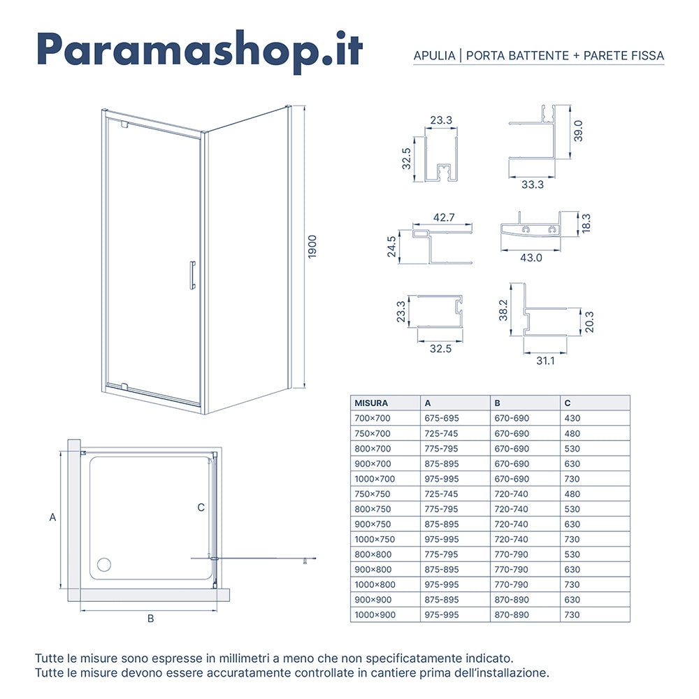 Box doccia 90x100 cm angolare apertura a battente vetro 6mm opaco | Apulia