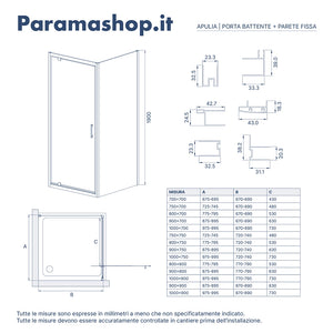 Box doccia 80x90 cm angolare apertura a battente vetro 6mm opaco | Apulia
