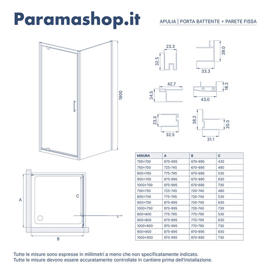 Box doccia 80x90 cm angolare apertura a battente vetro 6mm opaco | Apulia