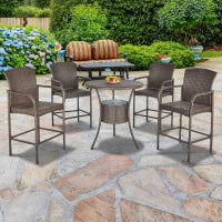 Set 5 Pezzi Tavolino con 4 Sedie da Giardino Alte in Rattan Sintetico con Secchiello per Ghiaccio, Marrone