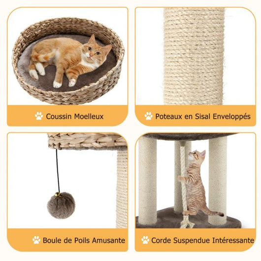 Tiragraffi per gatti 45 x 45 x 104 cm con corda per appendere pompon e tiragraffi avvolti in sisal naturale per gatto/gattino 20_0001609