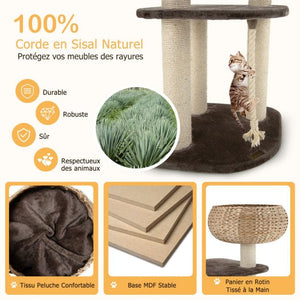 Tiragraffi per gatti 45 x 45 x 104 cm con corda per appendere pompon e tiragraffi avvolti in sisal naturale per gatto/gattino 20_0001609