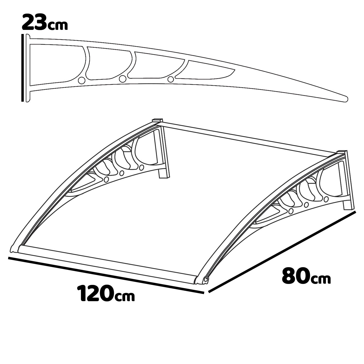 Arcadia - Pensilina da esterno per porte e finestre in PP e policarbonato 120x80 cm, bianca con vetro trasparente