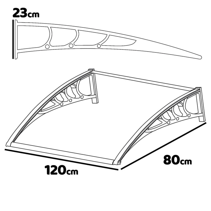 Arcadia - Pensilina da esterno per porte e finestre in PP e policarbonato 120x80 cm, bianca con vetro trasparente