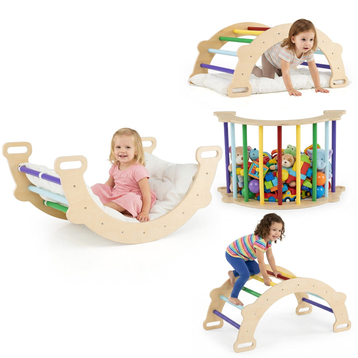 Arco arrampicata per bambini con cuscino scala montessori 3-in-1 per arrampicata, Arco giocattolo in legno-Arrampicate e scivoli