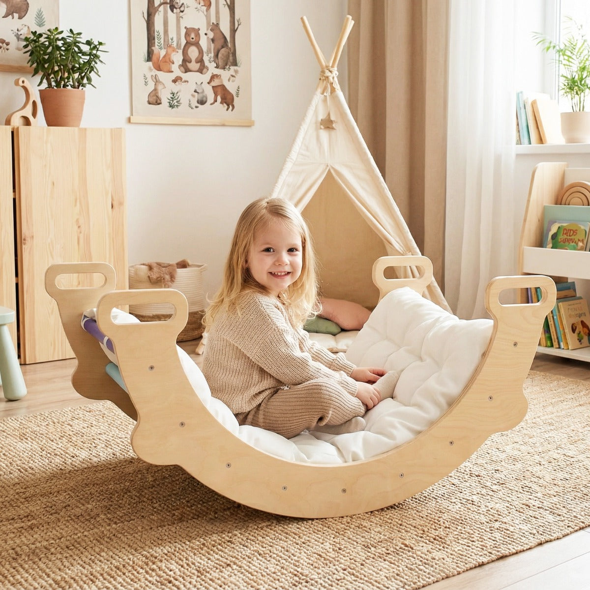 Arco arrampicata per bambini con cuscino scala montessori 3-in-1 per arrampicata, Arco giocattolo in legno-Arrampicate e scivoli