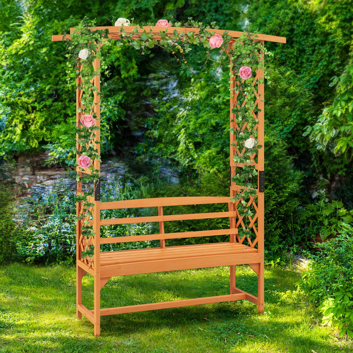 Arco da giardino alta 199 CM con panchina con 2 Posti, Arco in legno naturale con pergola-Panchine