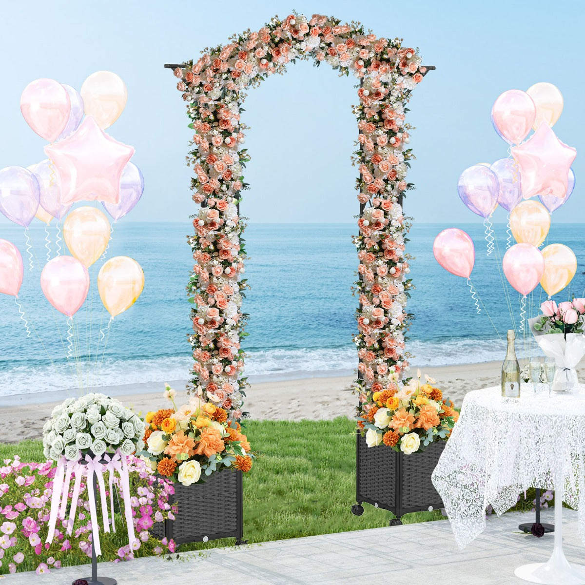 Arco in metallo da giardino con 2 fioriere auto-irriganti e ruote, Grande arco da matrimonio all'aperto per viti e rose Grigio-Fioriere