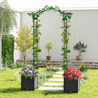 Arco in metallo da giardino con 2 fioriere auto-irriganti e ruote, Grande arco da matrimonio all'aperto per viti e rose Grigio-Fioriere