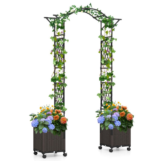 Arco in metallo da giardino con 2 fioriere auto-irriganti e ruote, Grande arco da matrimonio all'aperto per viti e rose Nero-Fioriere