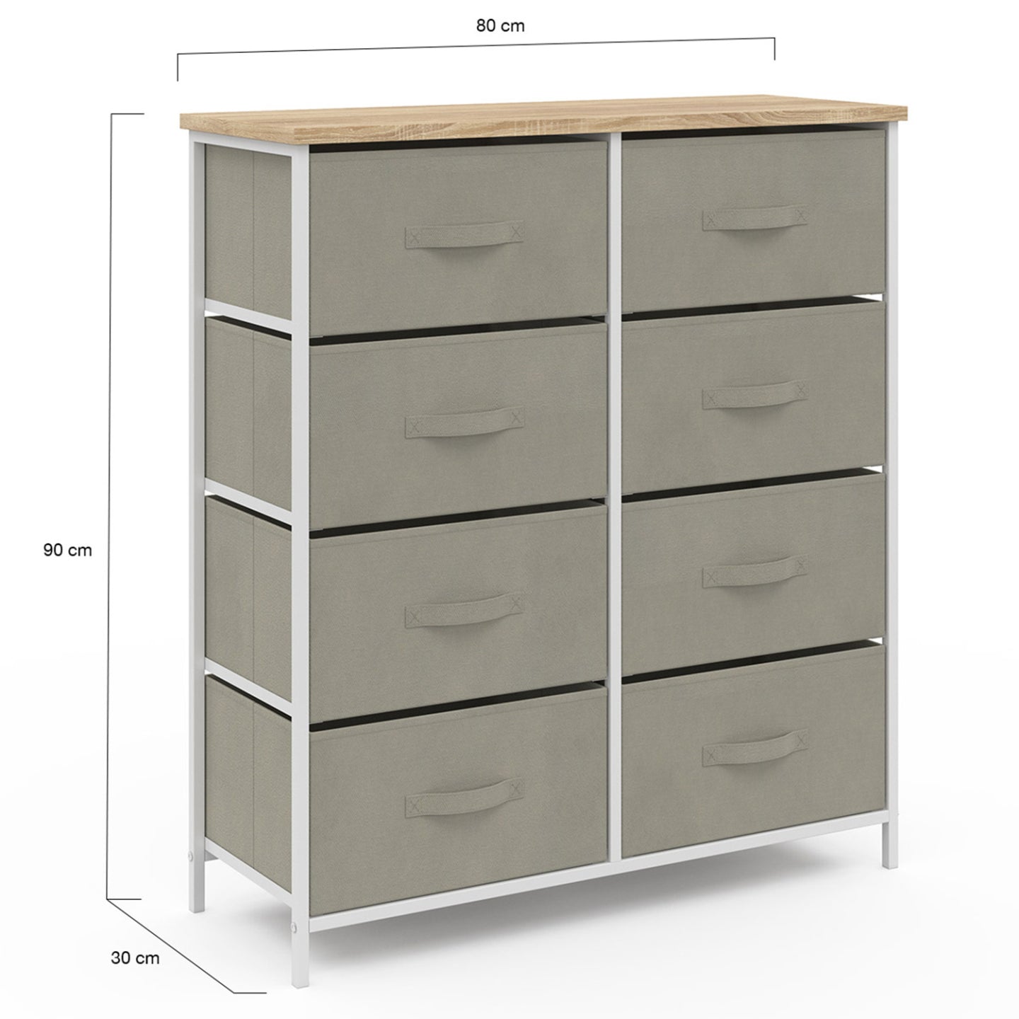 IDMarket - Arcón de 8 cajones en tejido ALTA 80 cm gris claro con tapa efecto madera