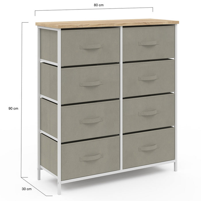 IDMarket - Arcón de 8 cajones en tejido ALTA 80 cm gris claro con tapa efecto madera
