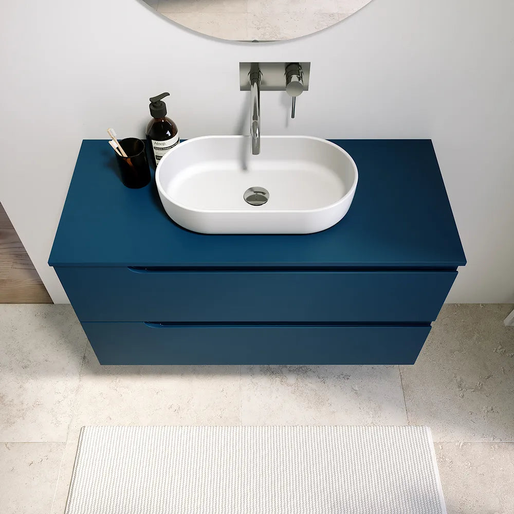 Mobile bagno sospeso 60 cm due cassetti blu zaffiro opaco con top | Ardenne