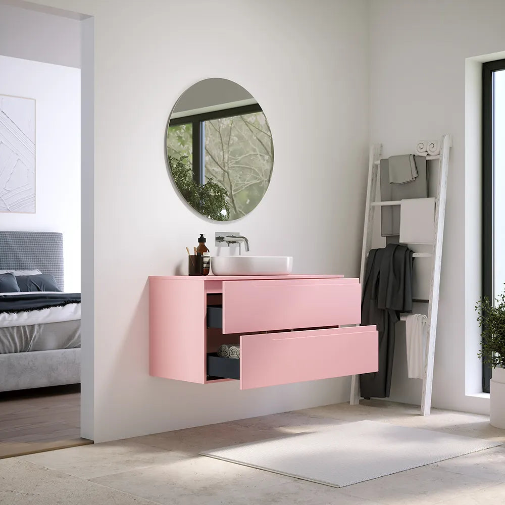 Mobile bagno sospeso 120 cm due cassetti rosa cipria opaco con top | Ardenne