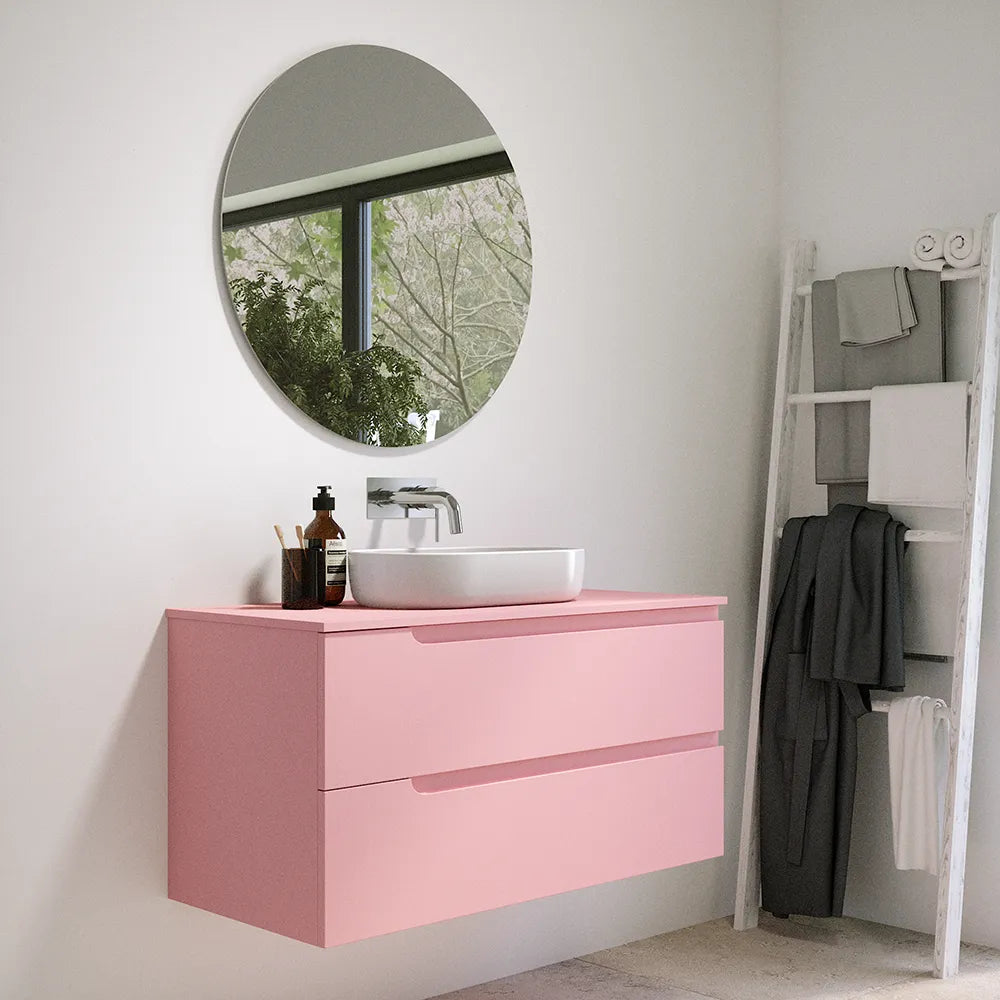 Mobile bagno sospeso 100 cm due cassetti rosa cipria opaco con top | Ardenne