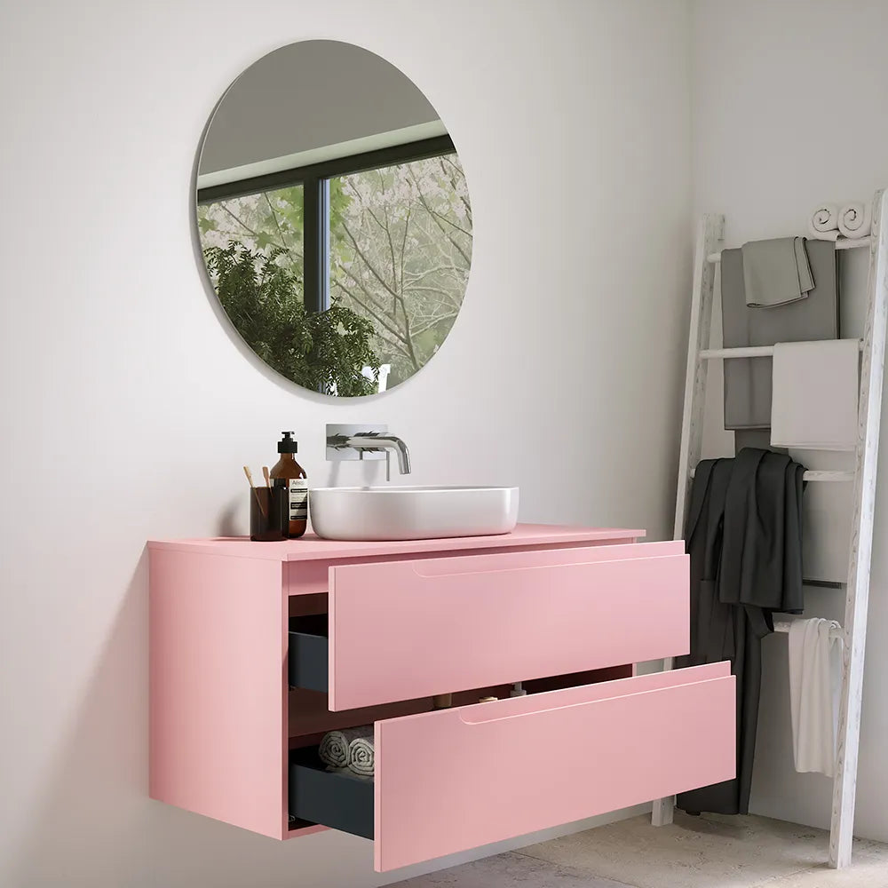 Mobile bagno sospeso 90 cm due cassetti rosa cipria opaco con top | Ardenne