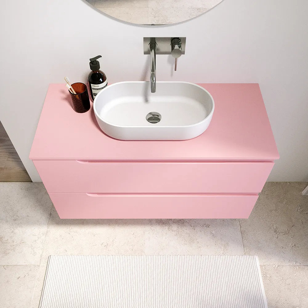 Mobile bagno sospeso 100 cm due cassetti rosa cipria opaco con top | Ardenne