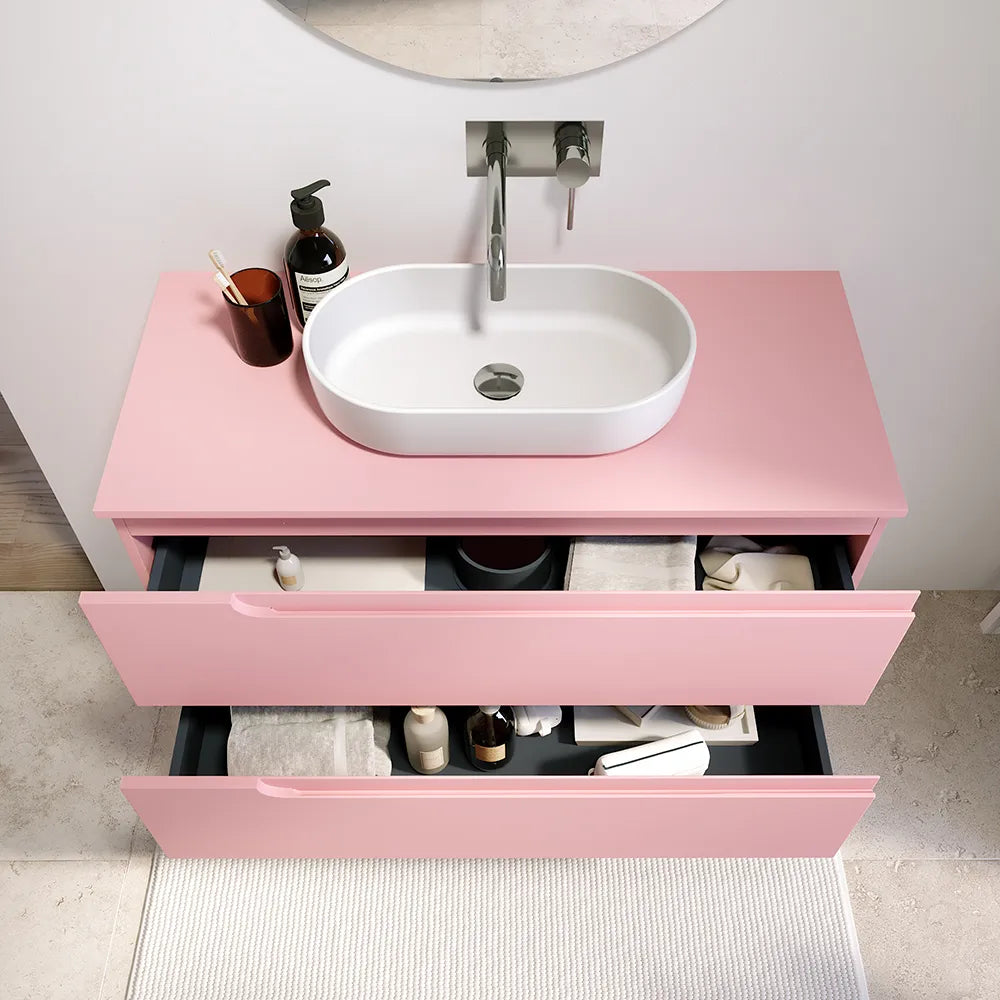Mobile bagno sospeso 90 cm due cassetti rosa cipria opaco con top | Ardenne