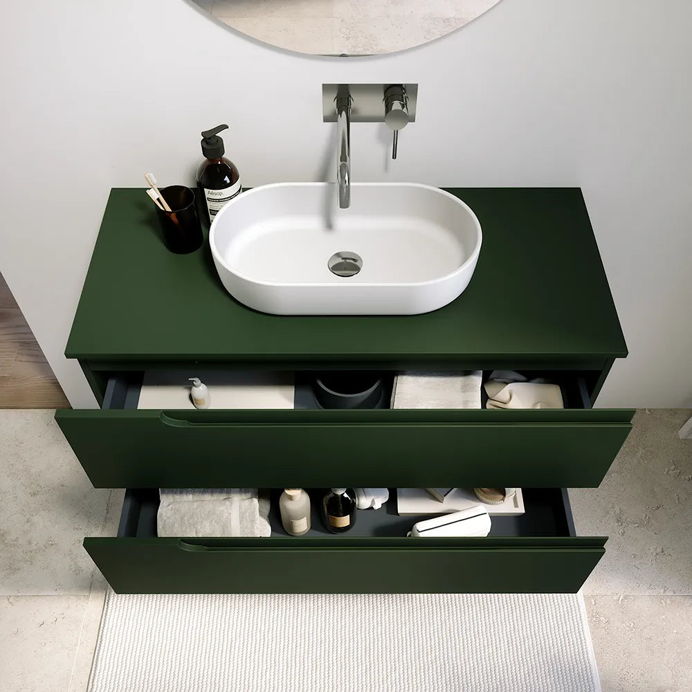 Mobile bagno sospeso 100 cm due cassetti verde foresta opaco con top | Ardenne