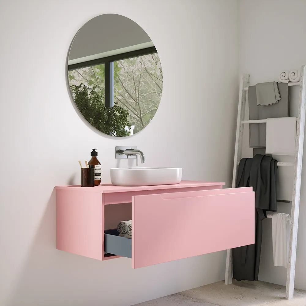 Mobile bagno sospeso 90 cm un cassetto rosa cipria opaco con top | Ardenne