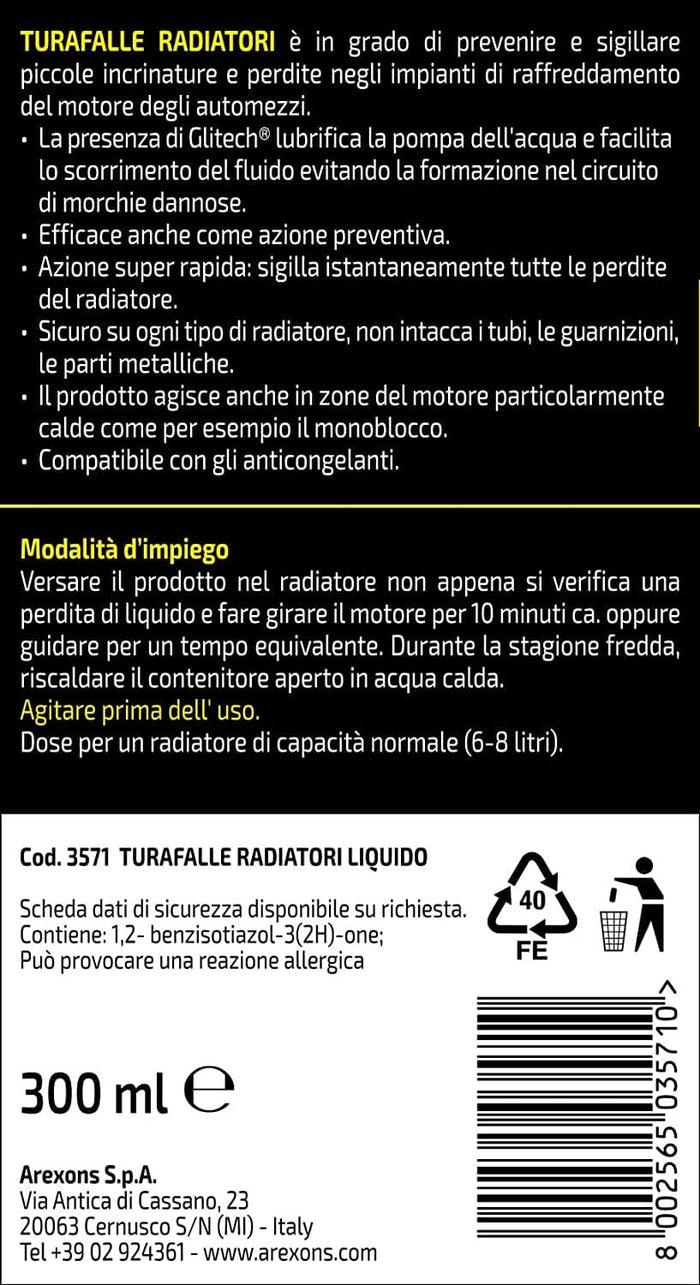 Arexons Liquido Per Radiatori 300 Ml Turafalle Radiatore Auto Sigilla Perdite Radiatore