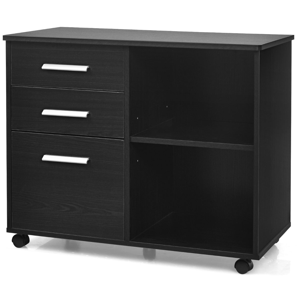 Armadietto a 3 cassetti multifunzionale per l¡¯ufficio con ruote, Supporto per stampante con ripiani aperti Nero-Armadi da ufficio