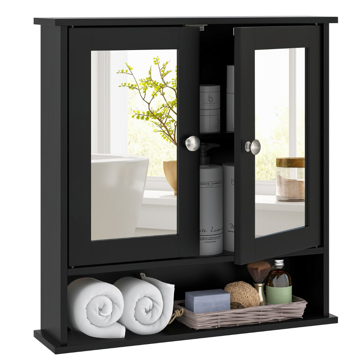 Armadietto da parete per bagno con ripiano regolabile e scomparto aperto, Armadietto salvaspazio per soggiorno Nero-Armadi da parete