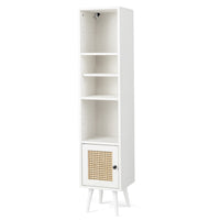Armadietto boho con porta in rattan gambe in legno massello, Mobile sottile autonomo ripiano regolabile Bianco-Librerie